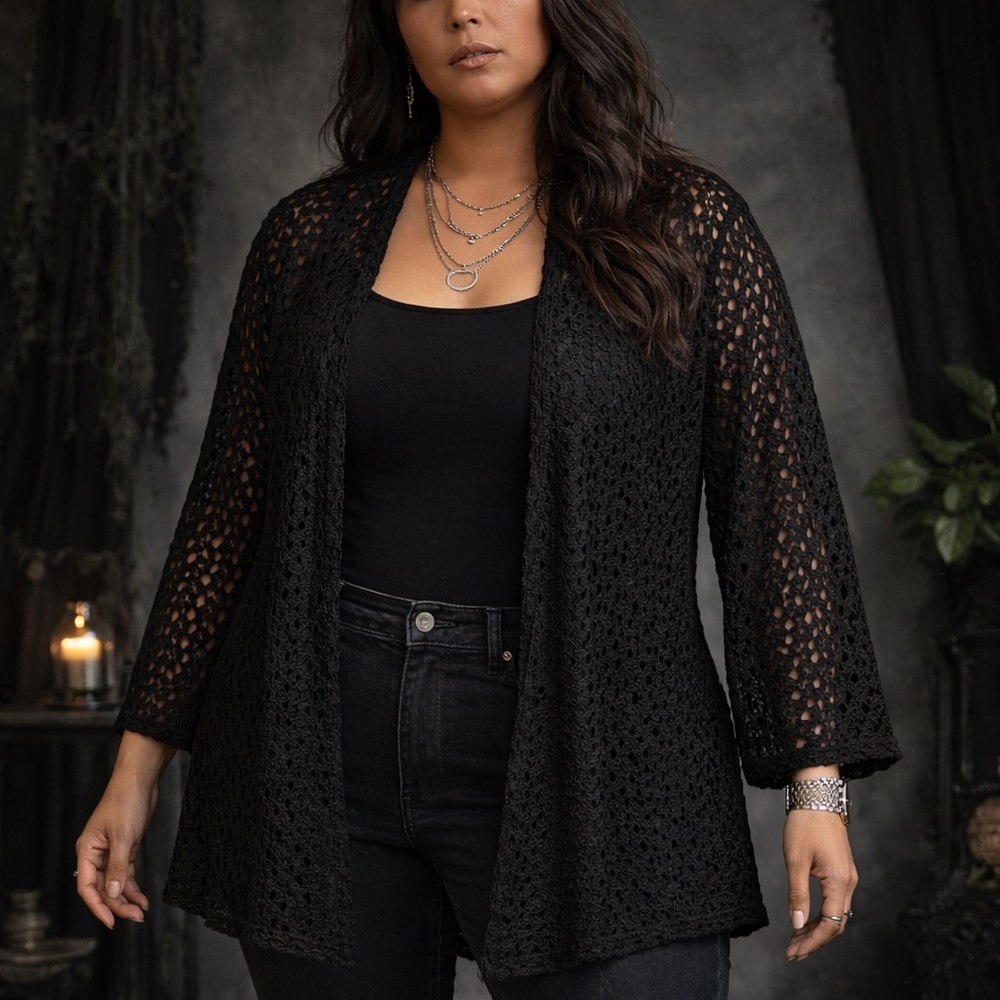 Brittany Black | Lace Knit, open-front cardigan in Black | Fit L / XL